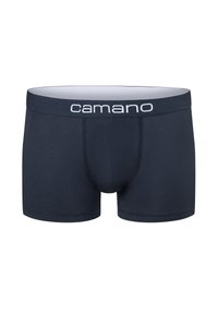 Boxer briefs blu scuro con un design aderente, texture liscia e un logo "camano" bianco sulla cintura elastica.