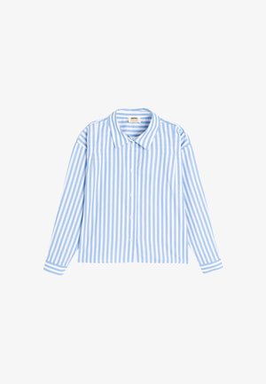 Blauw-wit gestreepte blouse met lange mouwen van lichte stof, met een klassieke kraag en knoopsluiting aan de voorkant.