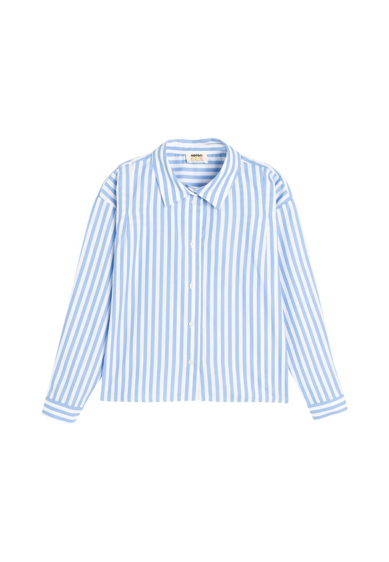 Blauw-wit gestreepte blouse met lange mouwen van lichte stof, met een klassieke kraag en knoopsluiting aan de voorkant.