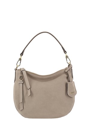 Beige Wildleder-Schultertasche mit runder Form, Reißverschluss oben und einem Träger mit goldfarbenen Beschlägen und dekorativem Akzent.