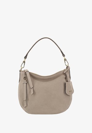 Beige Wildleder-Schultertasche mit runder Form, Reißverschluss oben und einem Träger mit goldfarbenen Beschlägen und dekorativem Akzent.