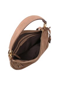 Handtasche aus tannefarbenem Wildleder mit einem oberen Reißverschluss, einem Ledertragegurt und zwei Innenfächern, davon eines mit Reißverschluss, ausgestattet mit einem dunklen Stofffutter.