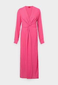 Pink long-sleeve dress with a deep V-neck, gathered twist detail at the waist, and a floor-length streamlined silhouette. Smooth fabric texture.