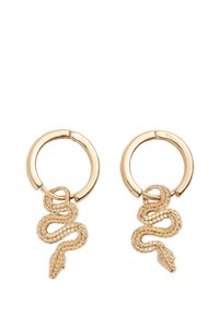 Guldörhängen med en design av en sammanflätad orm och texturerade detaljer, hängande från en cirkulär ring med en polerad finish.