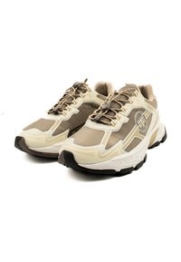 Beiga och bruna sneakers med nät- och syntetiskt material, rund tå, texturerade detaljer och dämpad sula. Har snörningssystem och logotyp.