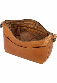 Borsa a spalla in pelle color tan con zip sulla parte superiore, tasche interne e una superficie liscia. Presenta una tasca esterna con apertura e dettagli in metallo.