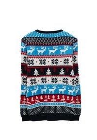Pull de Noël avec des motifs de rennes, de flocons de neige et de sapins dans des couleurs bleu, rouge, noir et blanc, vu de dos.