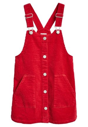 Robes en velours côtelé rouge avec bretelles ajustables, fermeture à boutons argentés sur le devant et deux grandes poches avant. Tissu texturé sur l'ensemble.