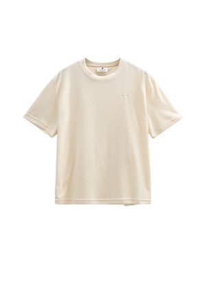 T-shirt beige in cotone a maniche corte con scollo rotondo e piccolo logo discreto sul lato sinistro del petto.