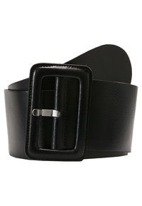 Cintura in pelle nera dall'ampio design, con una fibbia rettangolare in argento e cuciture dettagliate lungo i bordi per un tocco di texture in più.