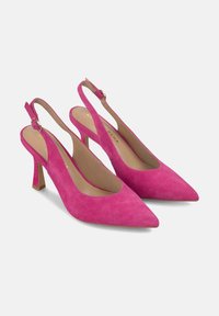 Décolleté in suede rosa con punta affusolata e una sottile cinghia di sostegno. Caratterizzate da un tacco quadrato e una texture liscia e opaca.