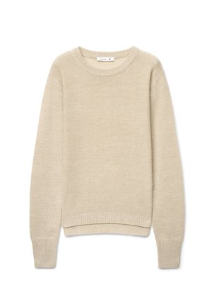 Maglione beige a maniche lunghe in maglia con scollo rotondo e polsini e orlo a coste, taglia piccola, disteso su uno sfondo bianco.