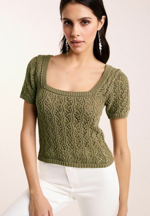 SQUARE NECK STITCH DETAIL SHORT SLEEVE - REGULAR FIT - Triko s potiskem - khaki green