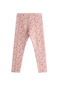 Rosa leggings tillverkade av elastiskt tyg med ett blommigt mönster i nyanser av vitt och burgundy. Har en åtsittande design och resårmidja.
