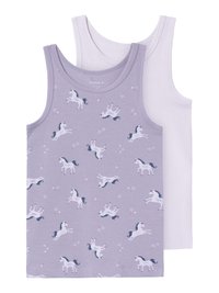 Two tank tops: one lavender with a unicorn and star print, and one plain white. Both have wide straps and a soft cotton texture.