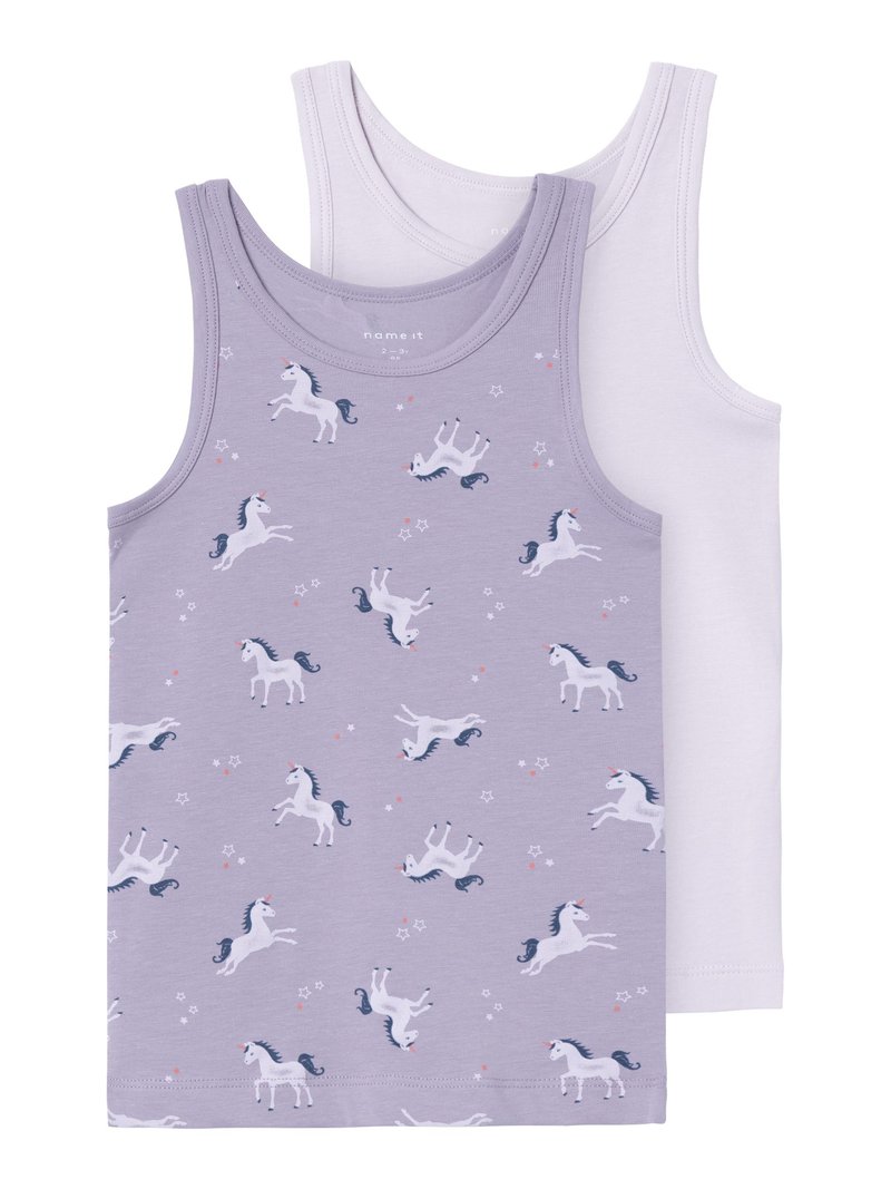 Two tank tops: one lavender with a unicorn and star print, and one plain white. Both have wide straps and a soft cotton texture.