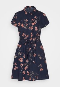 Marinfärgad blommig klänning med korta ärmar, krage och ett knytband i midjan. Har rosa och krämfärgade blommönster på ett lätt tyg.