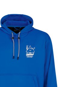 Blauwe hoodie met een witte cartoonberg die skistokken vasthoudt en de tekst "PROTEST SNEAK PEAK" op de borst, voorzien van witte koorden met zwarte uiteinden.
