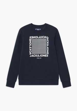 Sweat-shirt bleu marine à col rond, avec une impression graphique blanche de texte et de motifs sur le devant. Manches longues avec poignets côtelés.