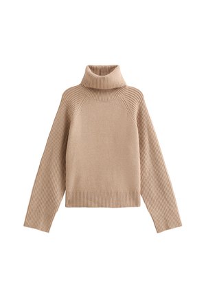 Beige turtleneck sweater made of soft fabric. Features ribbed texture on sleeves and hem, with a relaxed silhouette and drop shoulders.