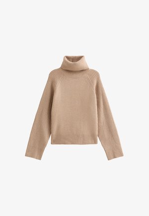 Beige coltrui gemaakt van zachte stof. Kenmerkt zich door een ribbelstructuur op de mouwen en onderkant, met een ruime pasvorm en verlaagde schouders.