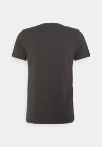 Dark gray cotton T-shirt with short sleeves and a crew neckline. Smooth texture, no visible patterns or graphics. Simple design.
