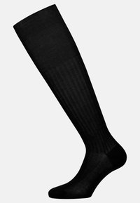 Calcetín negro hasta la rodilla con una textura suave, patrón acanalado en la parte superior y punta reforzada para mayor durabilidad.