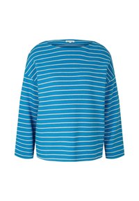 Maglietta a maniche lunghe a righe di un blu brillante con righe orizzontali grigie. Presenta un collo a barca, una vestibilità ampia e un tessuto morbido e texturizzato.
