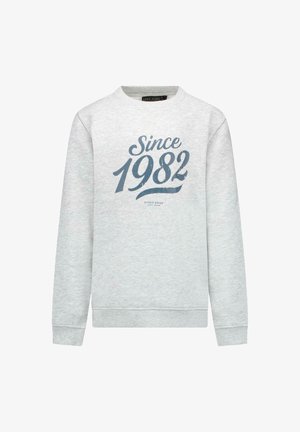 Lichtgrijze sweatshirt van zachte stof met een donkere opdruk "Since 1982" en "Studio Goods" daaronder, met ribgebreide manchetten en zoom.