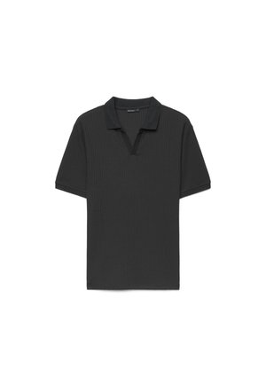 Polo nera a maniche corte con sottile trama verticale a coste e colletto con scollatura a V.