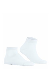 Calzini bianchi in cotone fino alle caviglie, con polsini a costine e punta rinforzata. Tessuto morbido, con cuciture minime e senza motivi o decorazioni visibili.