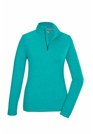 Türkisfarbener Pullover mit langen Ärmeln aus strukturiertem Stoff, ausgestattet mit einem halben Reißverschluss und einem Stehkragen, mit einer taillierten Silhouette und verstärkten Nähten.