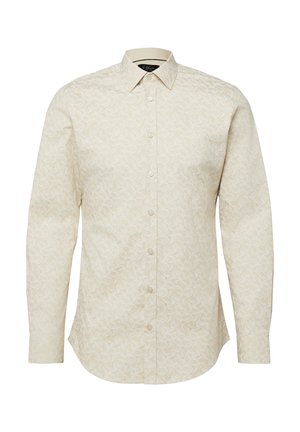 Beige Langarm-Hemd mit Knöpfen, dezentem Blumenmuster und klassischem Kragen, auf schlichtem weißem Hintergrund präsentiert.