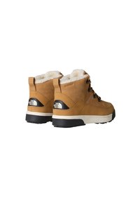 Brown waterproof ankle boots with faux fur lining, black rubber soles, metal eyelets, and The North Face logo on a rear patch.