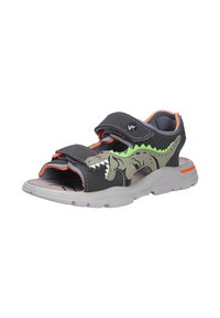 Les sandales noires et grises pour enfants présentent un motif de dinosaure vert, des doubles sangles Velcro et une semelle gris clair avec des accents orange.