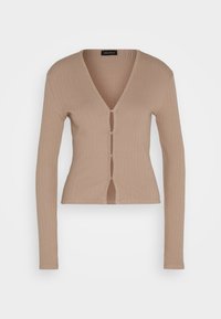 Ribbed beige cardigan with long sleeves, V-neckline, and front button closure. Fabric appears soft with a fitted silhouette.