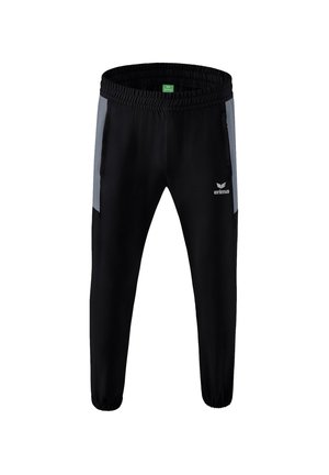 Schwarze Sporthose mit grauen Seitenpanelen, elastischem Bund und Reißverschlüssen an den Taschen. Aus einem glatten, leichten Stoff gefertigt.