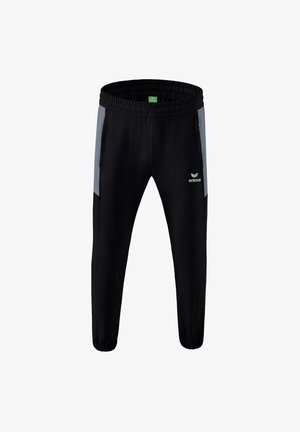 Pantalons de sport noirs avec panneaux latéraux gris, taille élastique et zips sur les poches. Fabriqués à partir d'un tissu lisse et léger.