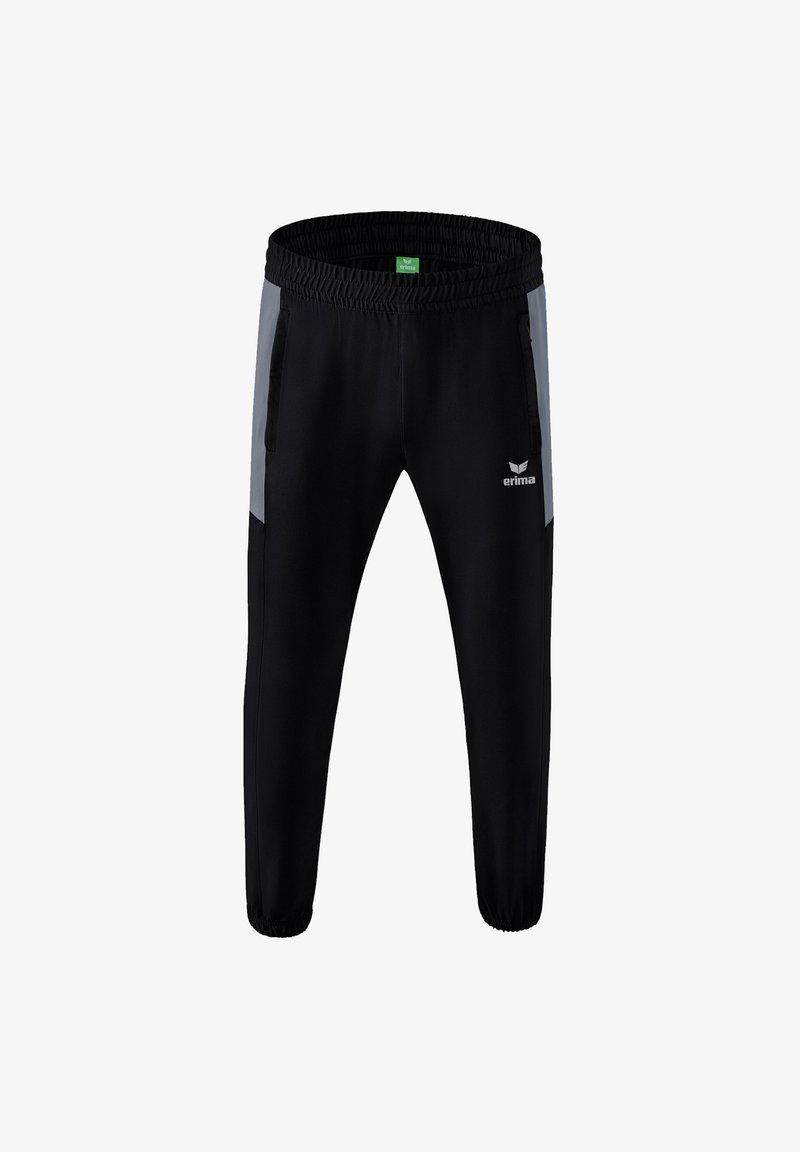 Pantalon de sport noir avec des panneaux latéraux gris, une taille élastique et des poches zippées. Présente un logo sur le bas gauche à l'avant.