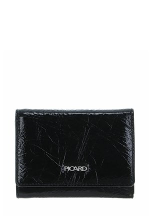 Portefeuille en cuir noir brillant texturé avec logo argenté "PICARD" centré sur le rabat avant, design rectangulaire et plié.