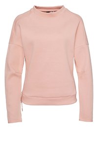 Sudadera de cuello redondo de manga larga en rosa claro, con hombros caídos y cintura ligeramente ajustada.
