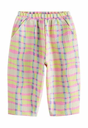 Taaperon housut joustavalla vyötärönauhalla, sivutaskuilla ja pastellin vaaleanpunaisella, keltaisella ja sinisellä ruutukuvioidulla teksturoidulla kankaalla.