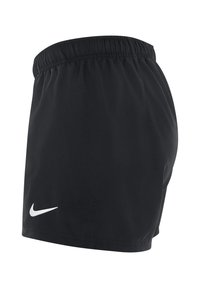 Schwarze Nike Shorts mit einem elastischen Bund, glatter Textur und einem weißen Swoosh-Logo auf der unteren Vorderseite. Einfaches Design, keine Taschen.