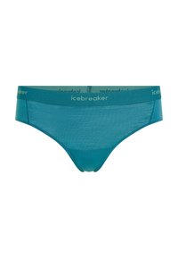 Turquoise ondergoed met een gladde textuur, voorzien van een brede elastische tailleband met het label "icebreaker" in een lichtere groene tint.