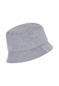 Grau Bucket Hat aus strukturiertem Stoff, mit einem Fischgrätenmuster, einem abgerundeten oberen Teil und einem breiten, nach unten geneigten Rand.
