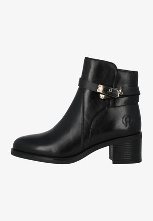 Black leather ankle boot with a rounded toe, mid-heel, an adjustable strap accent, and embossed logo on the heel. Smooth texture.