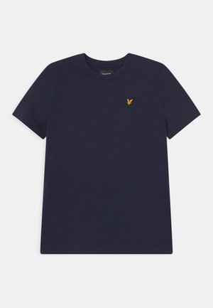 Navyblå T-shirt med korte ærmer og rund hals med en lille gul broderet ørnelogo på venstre bryst.