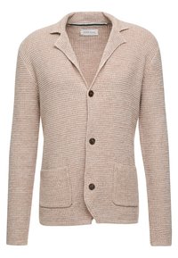 Khaki stickad kavaj med strukturerad väv, notchad krage, tre bruna knappar och två framfickor. Mjuk tygkvalitet och avslappnad design.