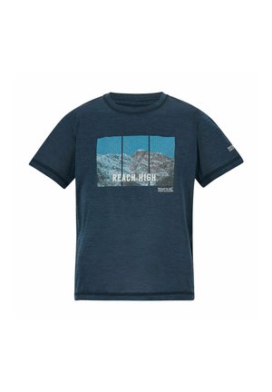 Navy blue short-sleeve t-shirt with mountain graphic and text "REACH HIGH" on front, and small Regatta Great Outdoors logo on sleeve.