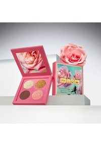 Lidschattenpalette in Pink mit vier Farbtönen: zwei glitzernde Goldtöne, ein schimmerndes Rosé und ein mattes Braun. Enthält einen Spiegel und eine Verpackung im floralen Design.